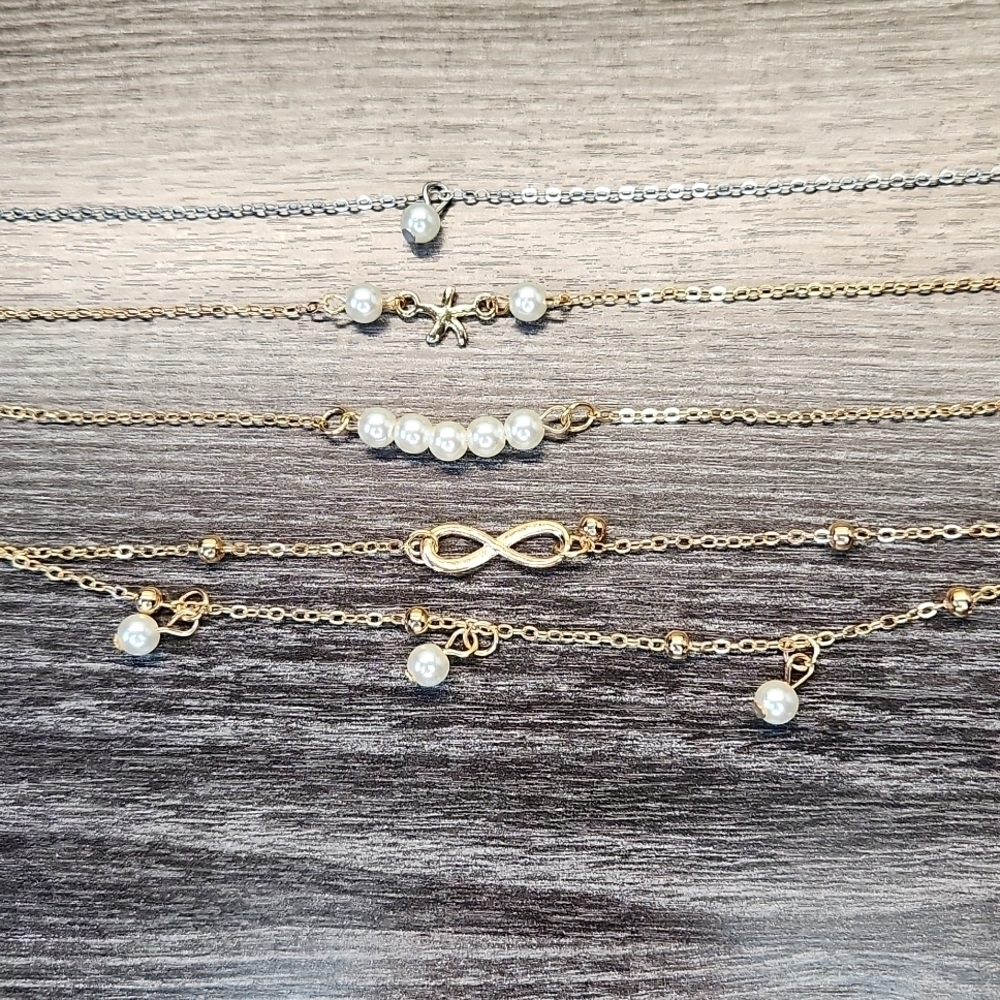 Gold Plated Reseller Bundle of 4 Anklets with Faux Pearl Accents